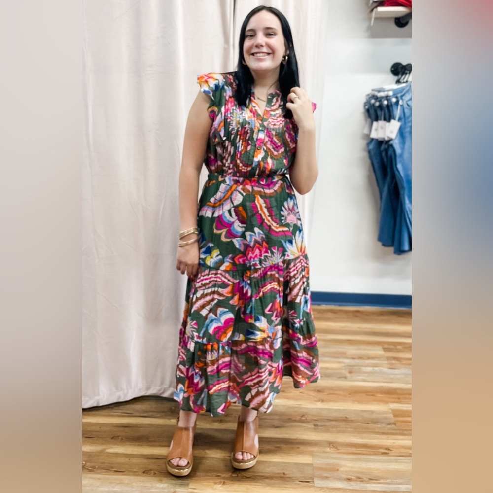 THML Green & Colorful Floral Print Midi Dress Flutter Sleeves Pleated BNT0026 - Picture 3 of 4